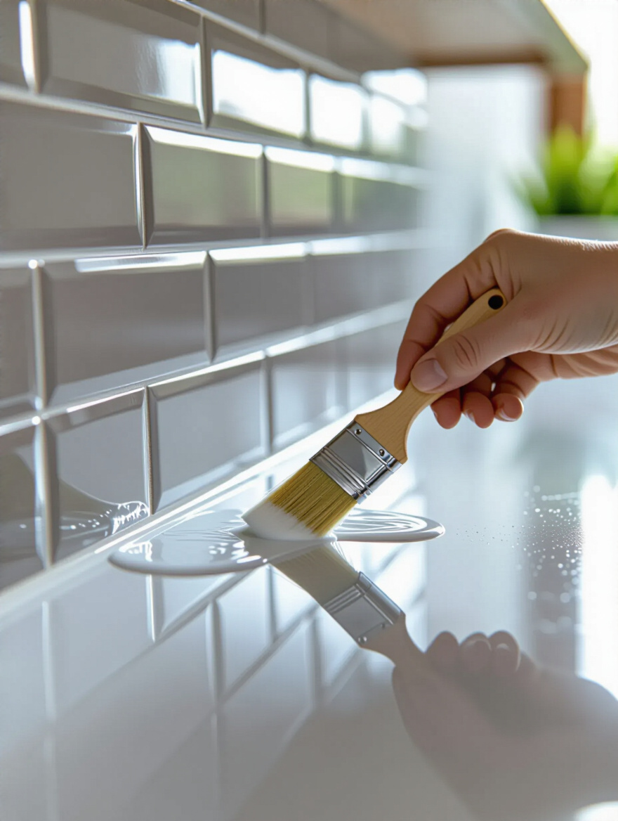 A professional applies clear sealant to bright white grout lines on a modern kitchen subway tile backsplash, emphasizing meticulous Backsplash Sealing & Grout Maintenance for enhanced durability and stain resistance.