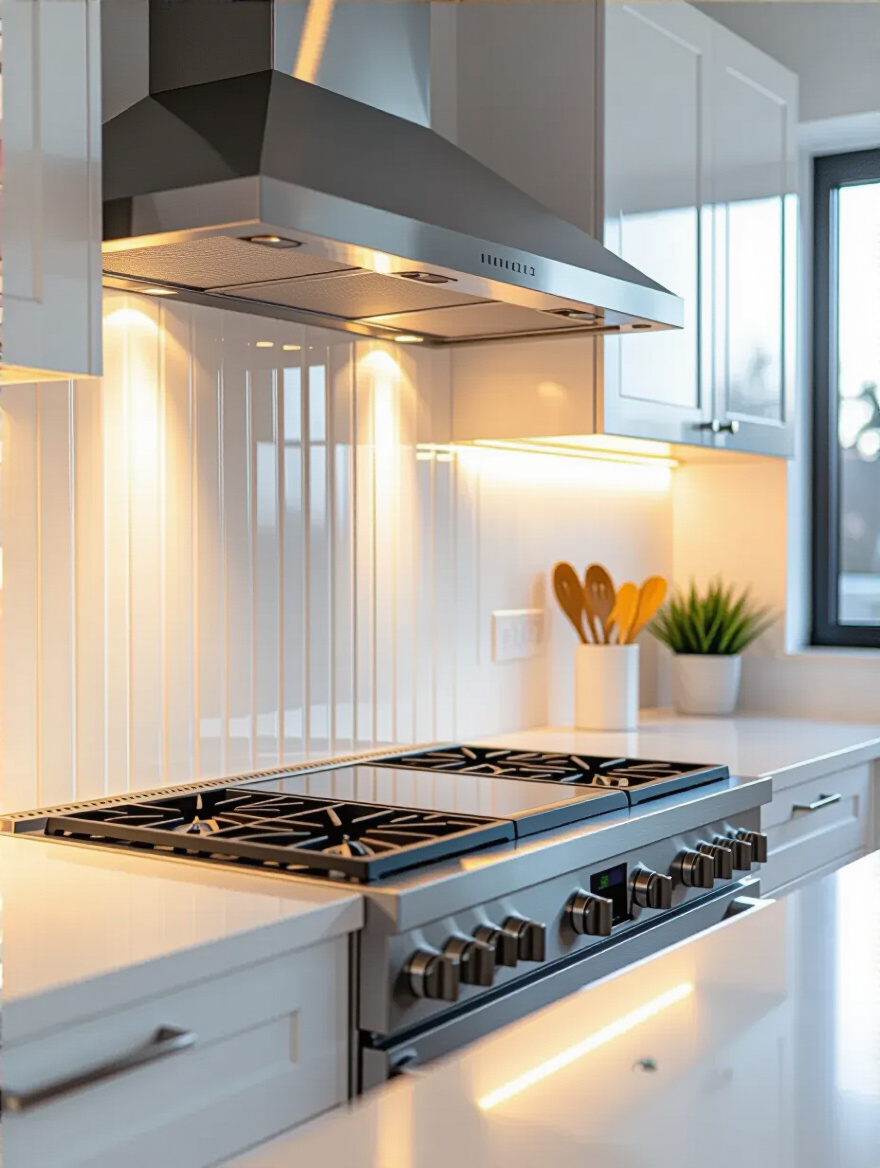A modern kitchen featuring a textured fluted white ceramic tile backsplash extending from countertop to ceiling, illuminated by under-cabinet LED lighting, showcasing depth and visual interest.