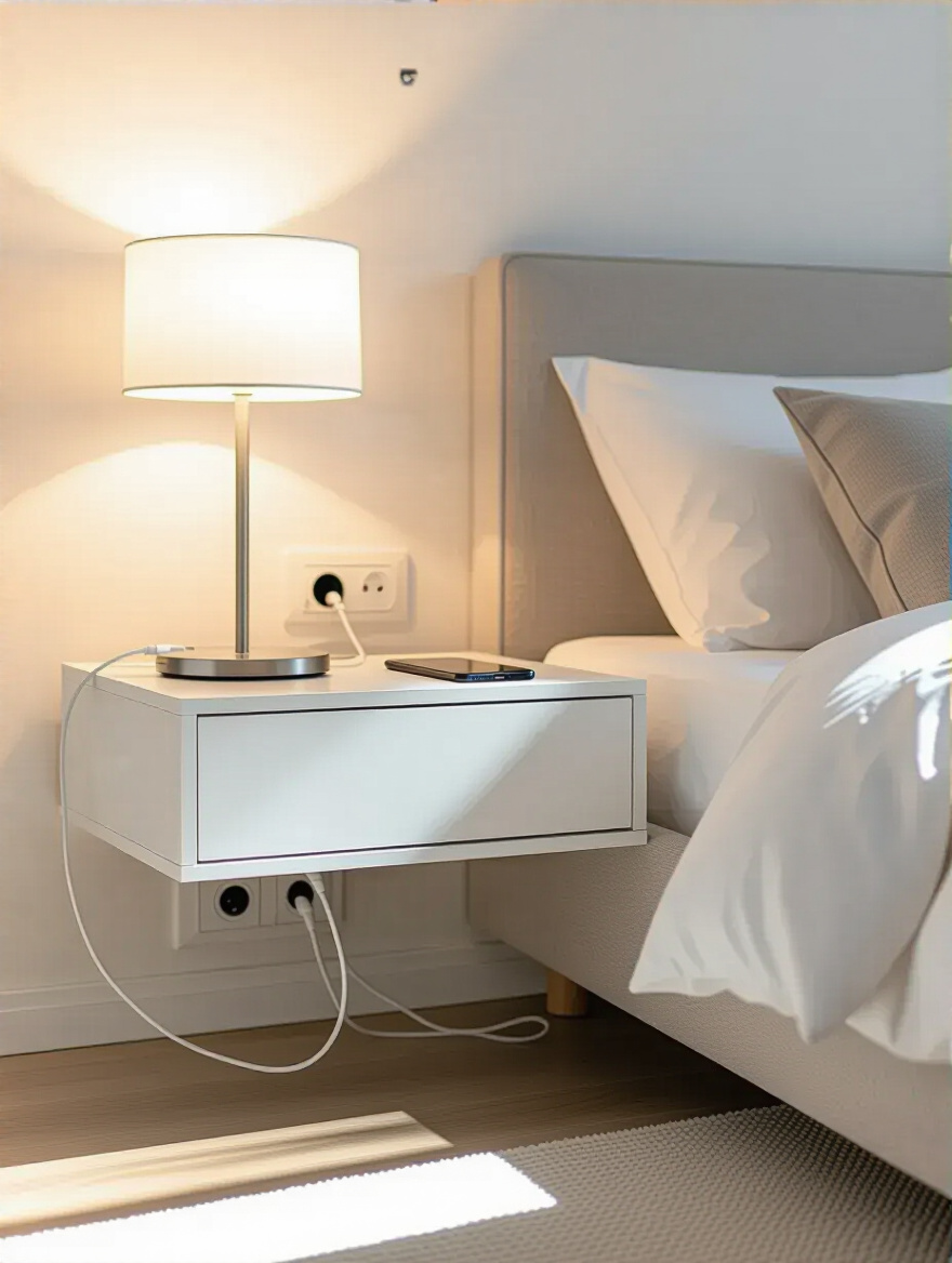 Close-up of a perfectly organized bedside table in an apartment bedroom, showcasing hidden cables and a clutter-free environment. Power cords are neatly routed, creating a serene and spacious feel.