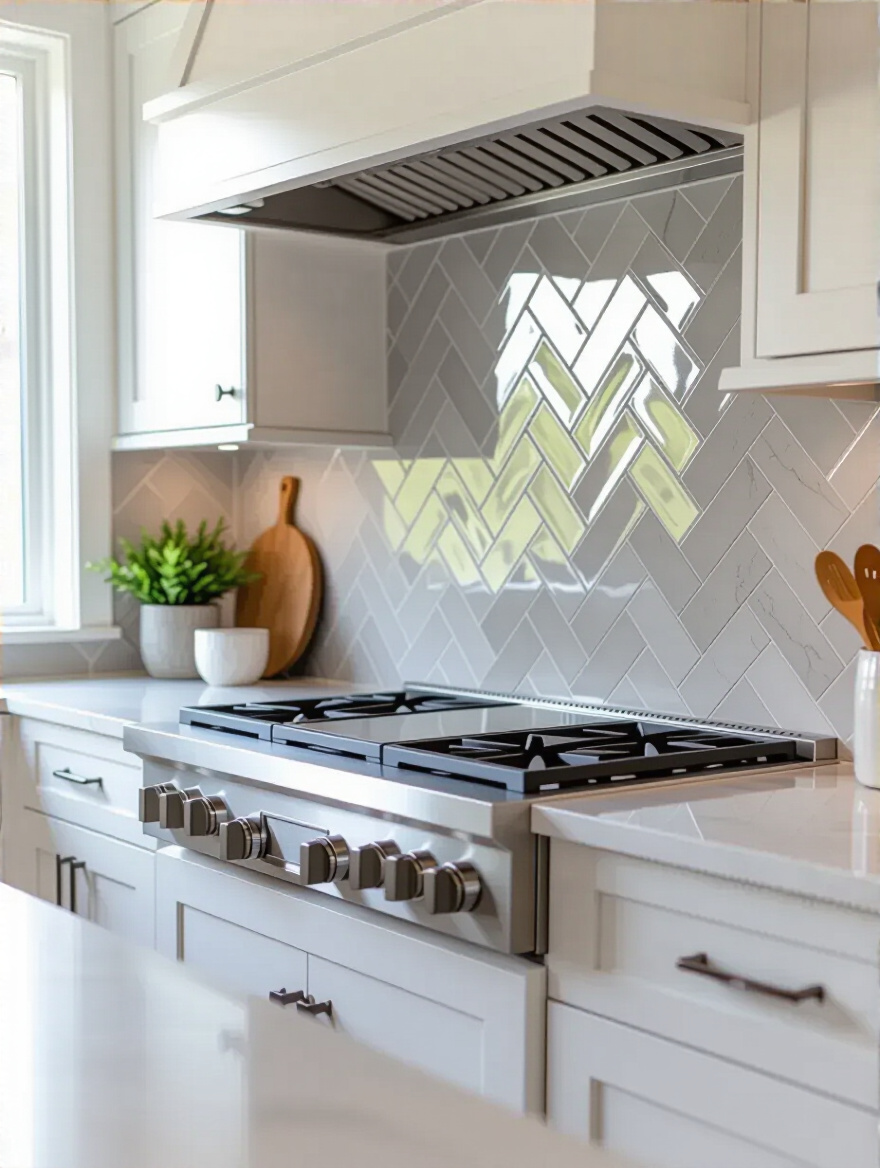 A stylish kitchen backsplash featuring light gray marble-look porcelain tiles arranged in a herringbone pattern, highlighting dynamic kitchen backsplash patterns.