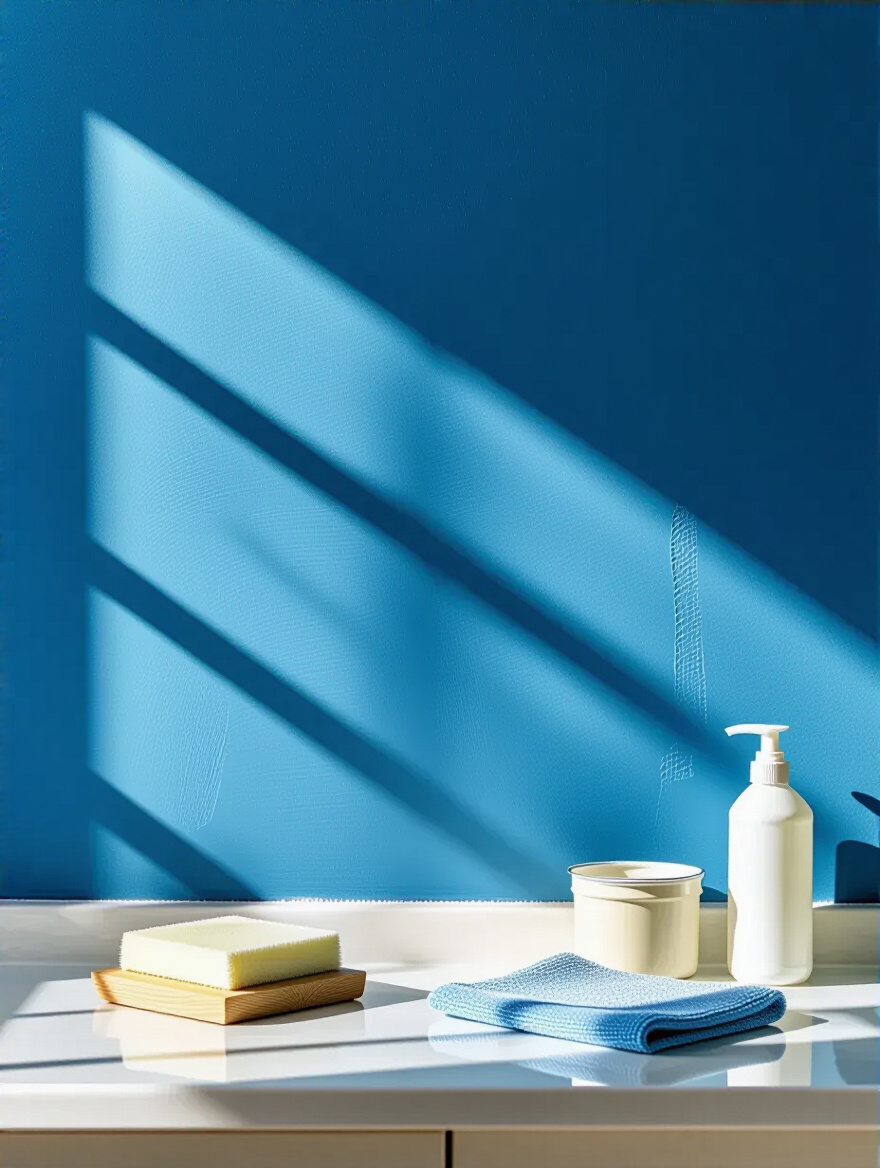 Meticulous bathroom wall prep for blue wallpaper: clean, smooth, primed surface with tools
