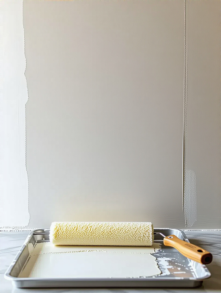 Close-up of a perfectly primed and repaired kitchen wall, ready for tile backsplash installation, demonstrating meticulous wall surface preparation.