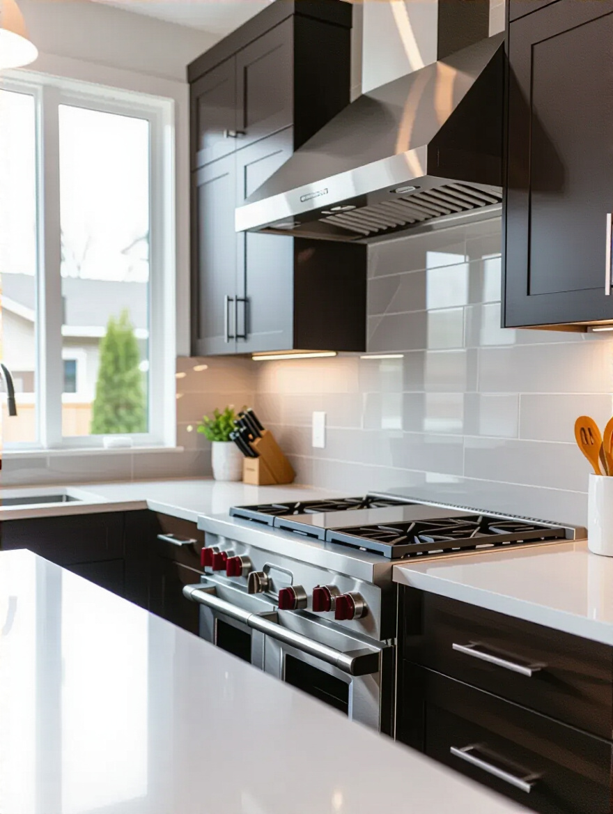 A pristine modern kitchen backsplash of large-format light grey porcelain tiles behind a stainless steel range, highlighting durability and ease of cleaning for daily cooking.