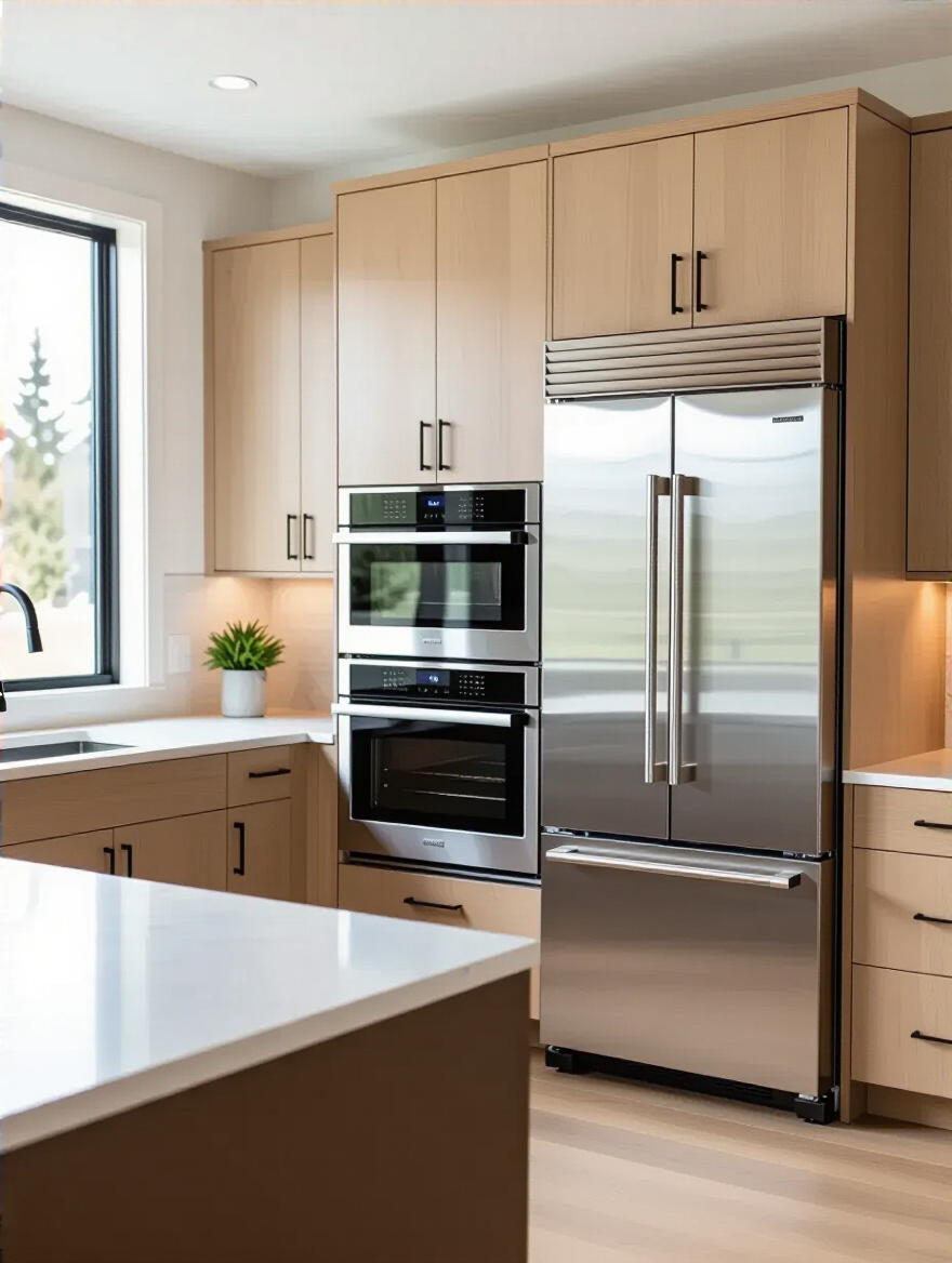 Portrait view of a modern kitchen with premium built-in appliances