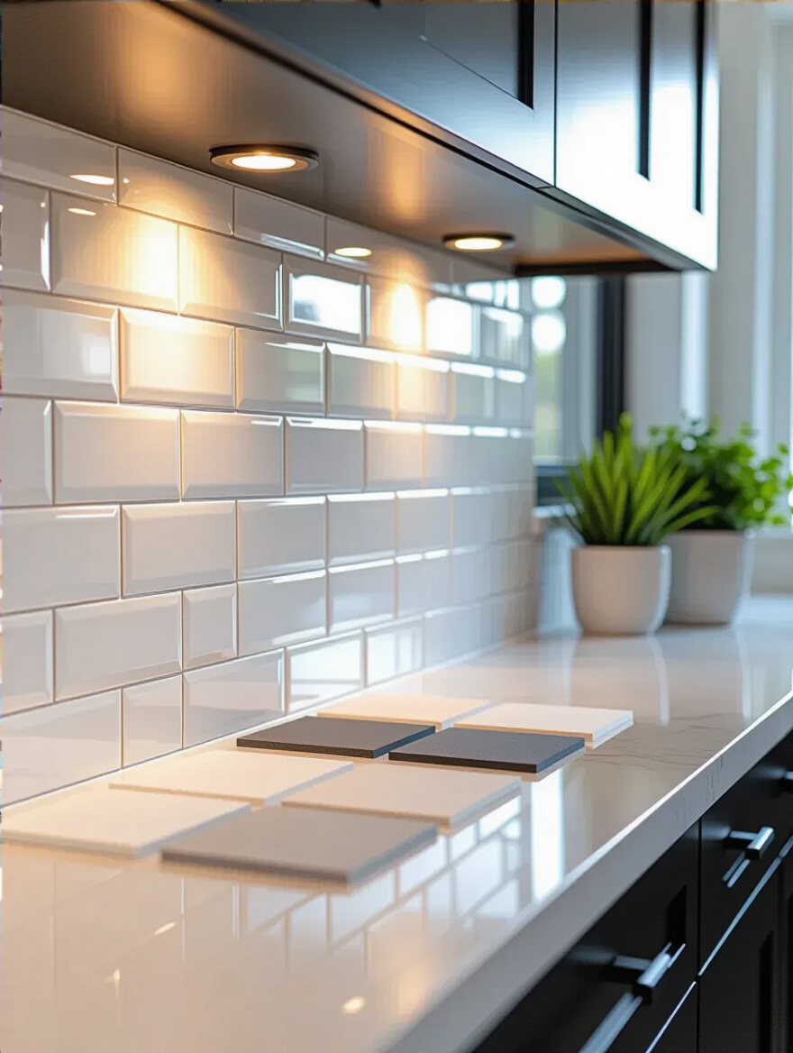 A modern kitchen backsplash featuring white subway tiles with different grout color samples, showcasing how optimal grout color provides visual definition and protection.