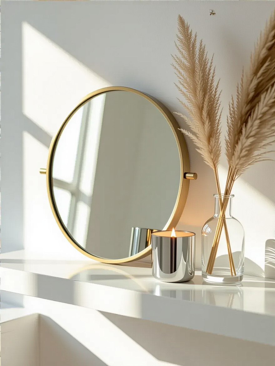 A modern bathroom shelf featuring a small round mirror with a brass frame, polished chrome candle holders, and a glass vase with pampas grass, strategically placed to amplify natural light and brighten the room.