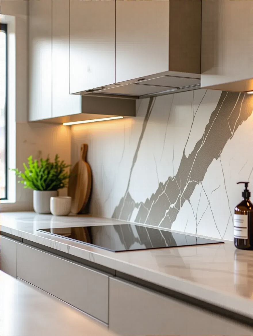 Close-up of a luxurious kitchen backsplash made from white and grey veined natural stone, showcasing its timeless beauty and resilience.