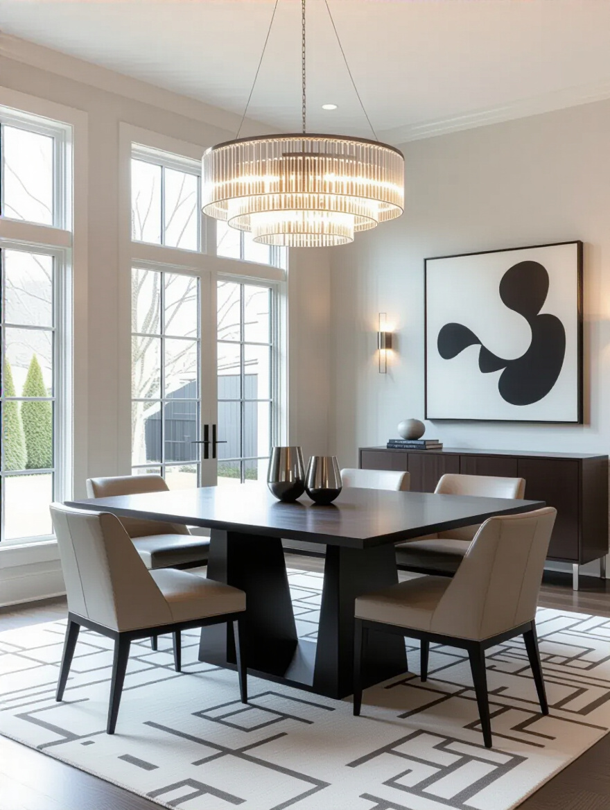 A modern dining room with a sleek chandelier, dark wood table, neutral colors, and geometric rug, demonstrating a cohesive design style.