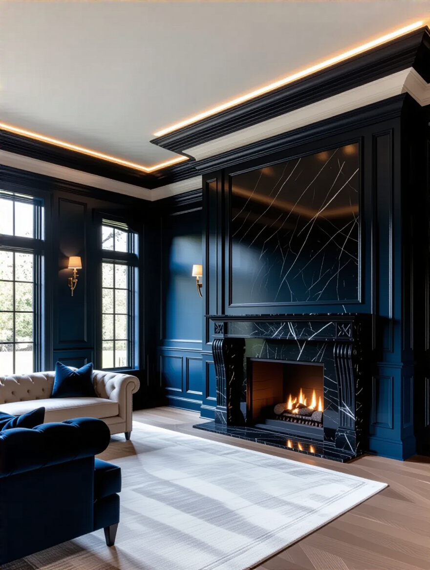 Luxurious living room with elaborate crown molding, custom wall paneling, and a grand marble fireplace, showcasing high-end architectural details.