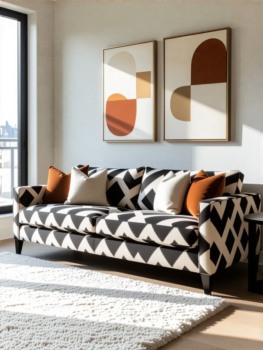 A beautifully integrated living room featuring a patterned couch that complements the overall decor, illustrating harmonious room integration and sophisticated design.