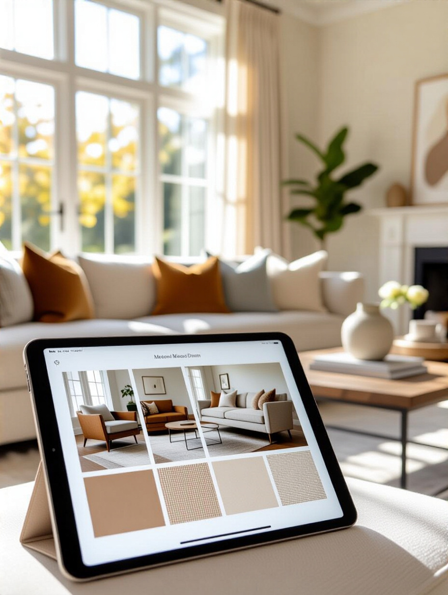 A sophisticated living room featuring a digital mood board on a tablet, showcasing elements like fabric swatches, furniture styles, and color palettes that define a distinct living room aesthetic for choosing a couch.