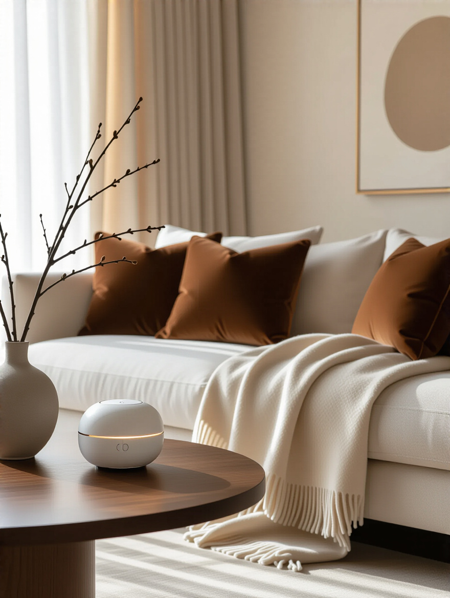 Luxurious living room designed with bespoke scents from a smart diffuser, inviting tactile textures like velvet cushions and a cashmere throw, and an immersive soundscape, all creating a multi-sensory environment. Focus on serene, sophisticated comfort.