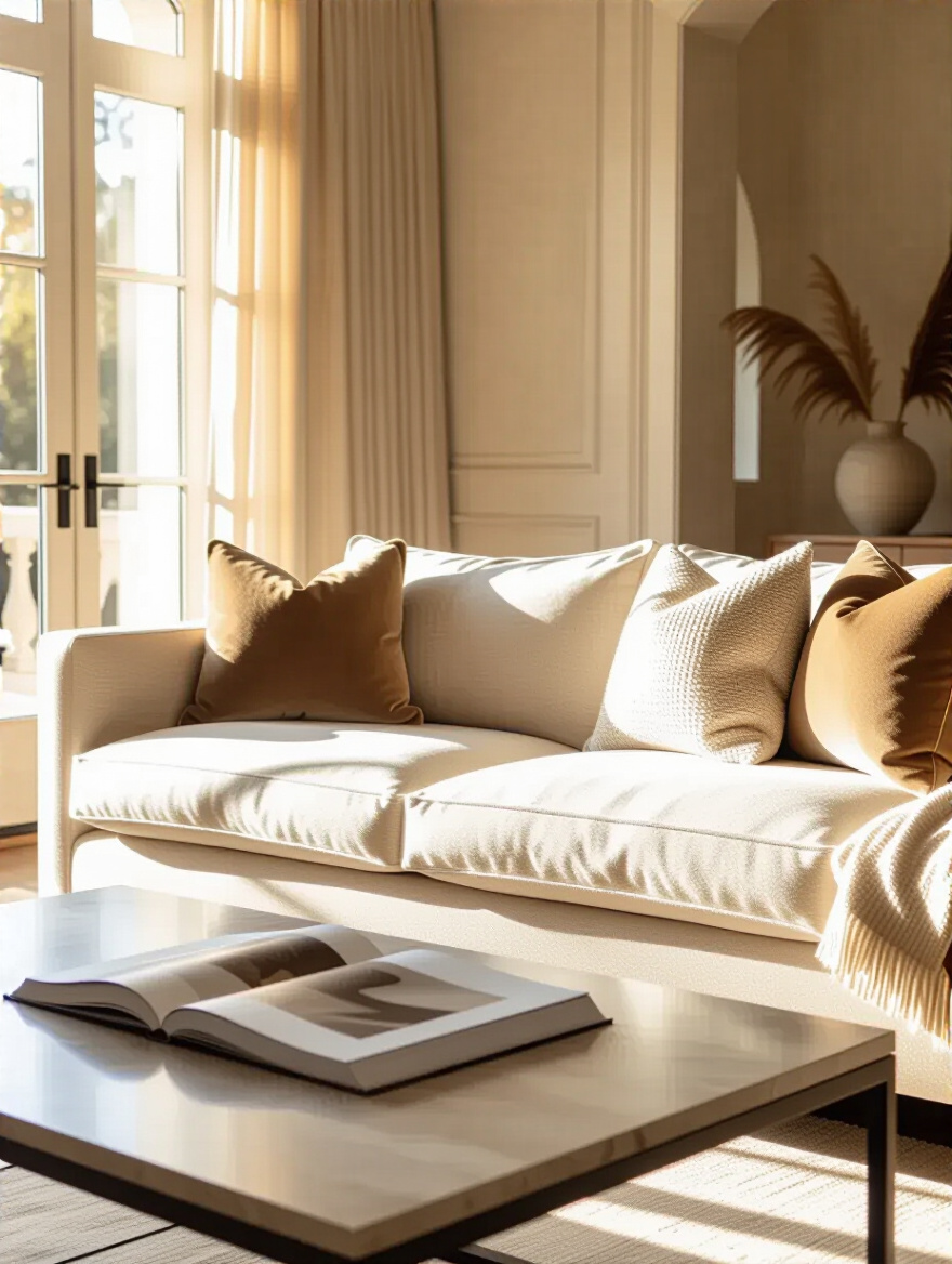 Thoughtfully designed living room with a high-quality, elegant couch, representing smart budgeting and prioritizing features and quality for furniture.