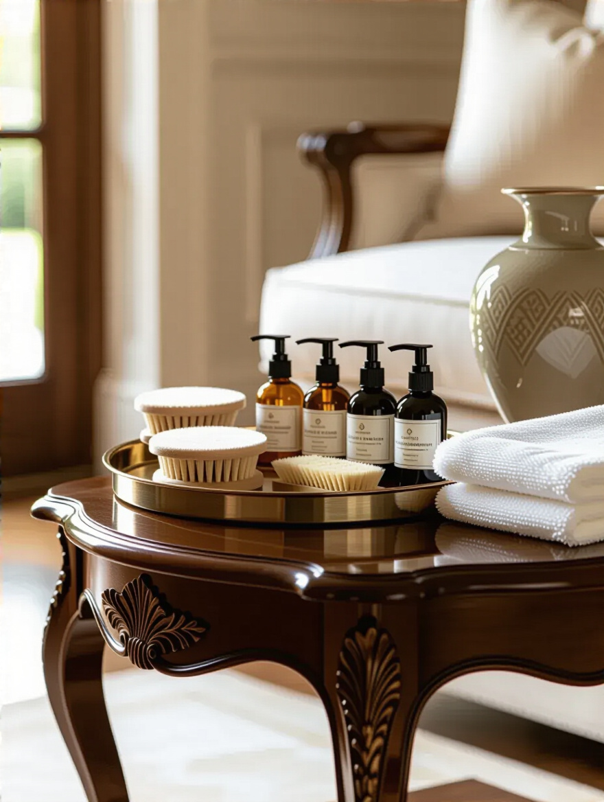 A meticulously arranged collection of specialized cleaning tools and luxury care products on an ornate side table in a grand living room, signifying a bespoke maintenance regimen for preserving high-end furnishings and finishes.