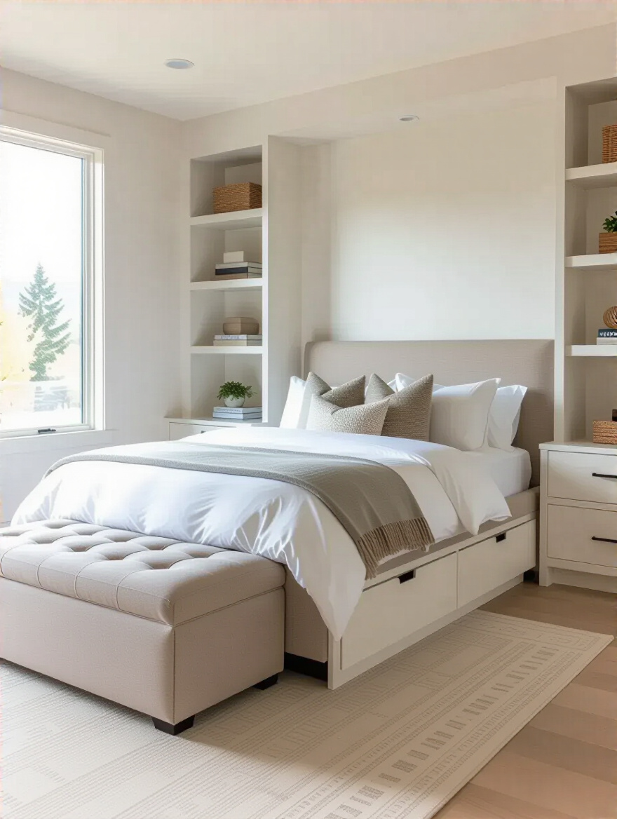 A clutter-free master bedroom featuring smart storage solutions, including a platform bed with drawers, a storage ottoman, and wall shelving, designed to minimize visual noise and enhance tranquility.