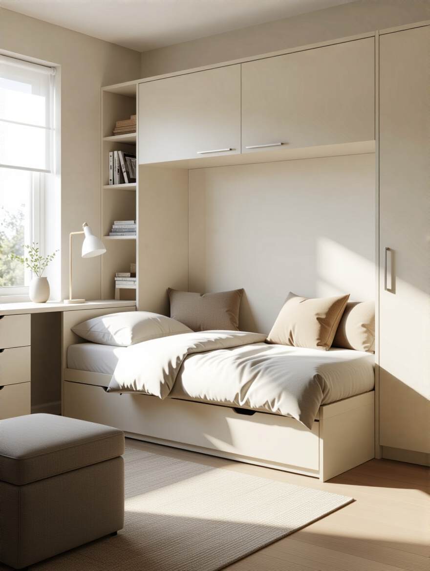 Compact bedroom featuring a murphy bed with integrated shelving and desk, a storage ottoman, and a bed frame with built-in drawers, demonstrating multi-purpose furniture for maximized space utility.