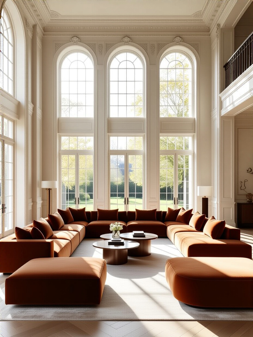 A luxurious living room designed with expert spatial flow, featuring a U-shaped sofa and clear pathways. The elegant layout optimizes movement and comfort, enhancing the room's grandeur. No people.