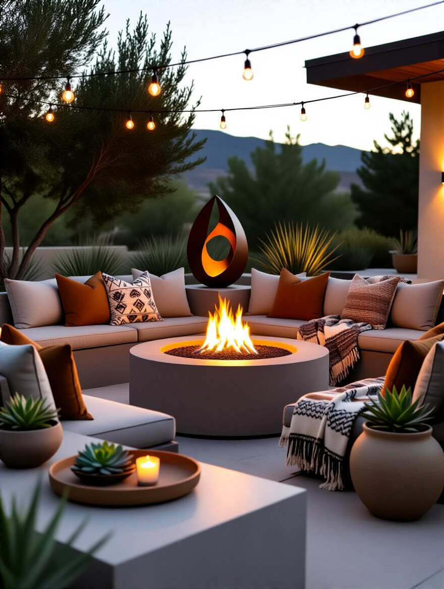 A cozy fire pit area at dusk, featuring a gas fire pit surrounded by outdoor cushions, throw blankets, string lights, ceramic planters with succulents, and a unique outdoor sculpture. The space is styled with modern-bohemian decorative accents on flagstone paving.