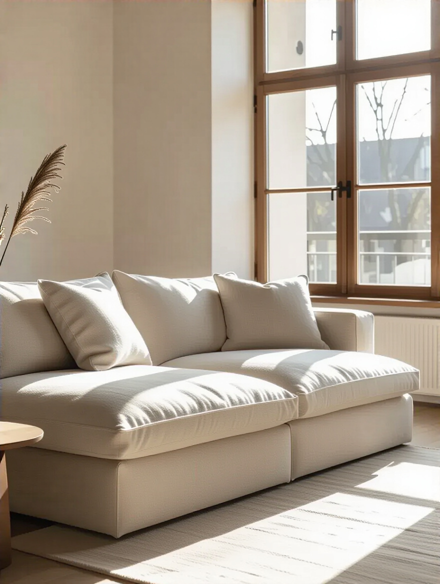 A neutral modern living room with a large, comfortable sectional sofa, emphasizing plush cushions and inviting seating depth, showcasing personalized couch comfort testing.