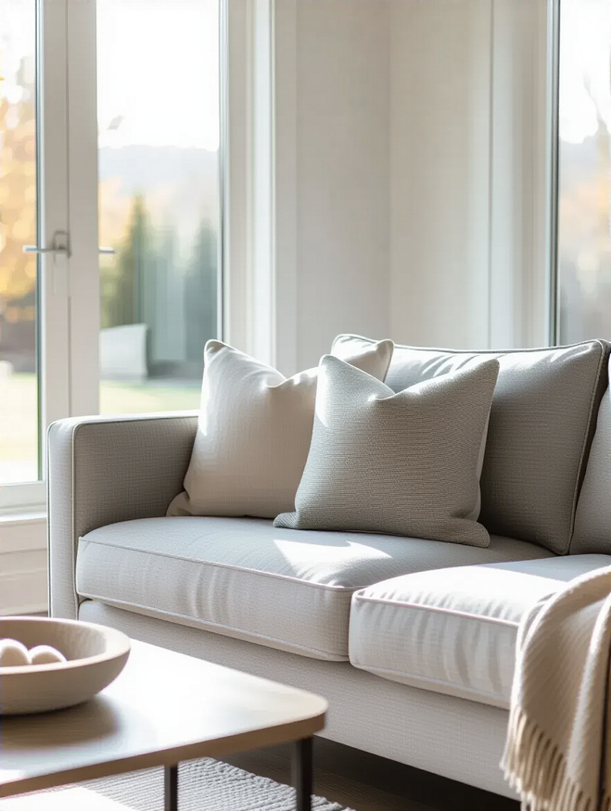 Elegant living room with a light gray, tightly woven pet-friendly performance fabric sofa, indicating durability and easy care. Features a stylish pet bed nearby. Illustrates smart fabric choices for pet owners.