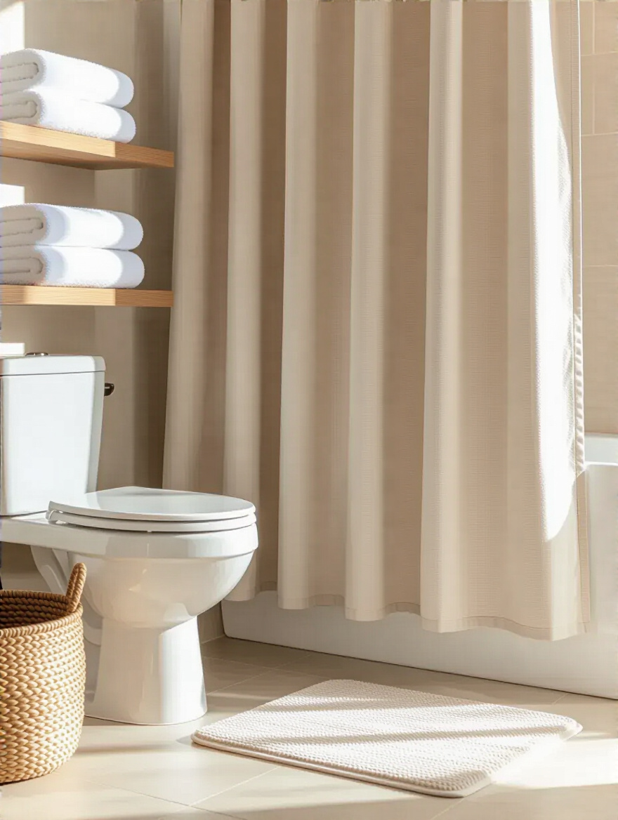 Modern bathroom scene featuring neatly folded white bath towels on a shelf, a textured beige fabric shower curtain, and a matching soft beige bath mat, showcasing refreshed bathroom textiles.