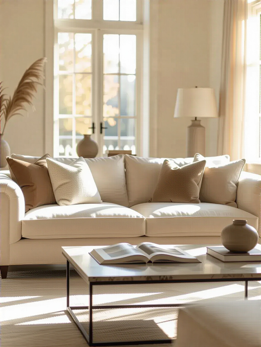 A bright, airy living room with a light wood floor where different potential couch configurations are outlined with subtle, thin lines, suggesting thoughtful layout planning to maximize seating and improve traffic flow.