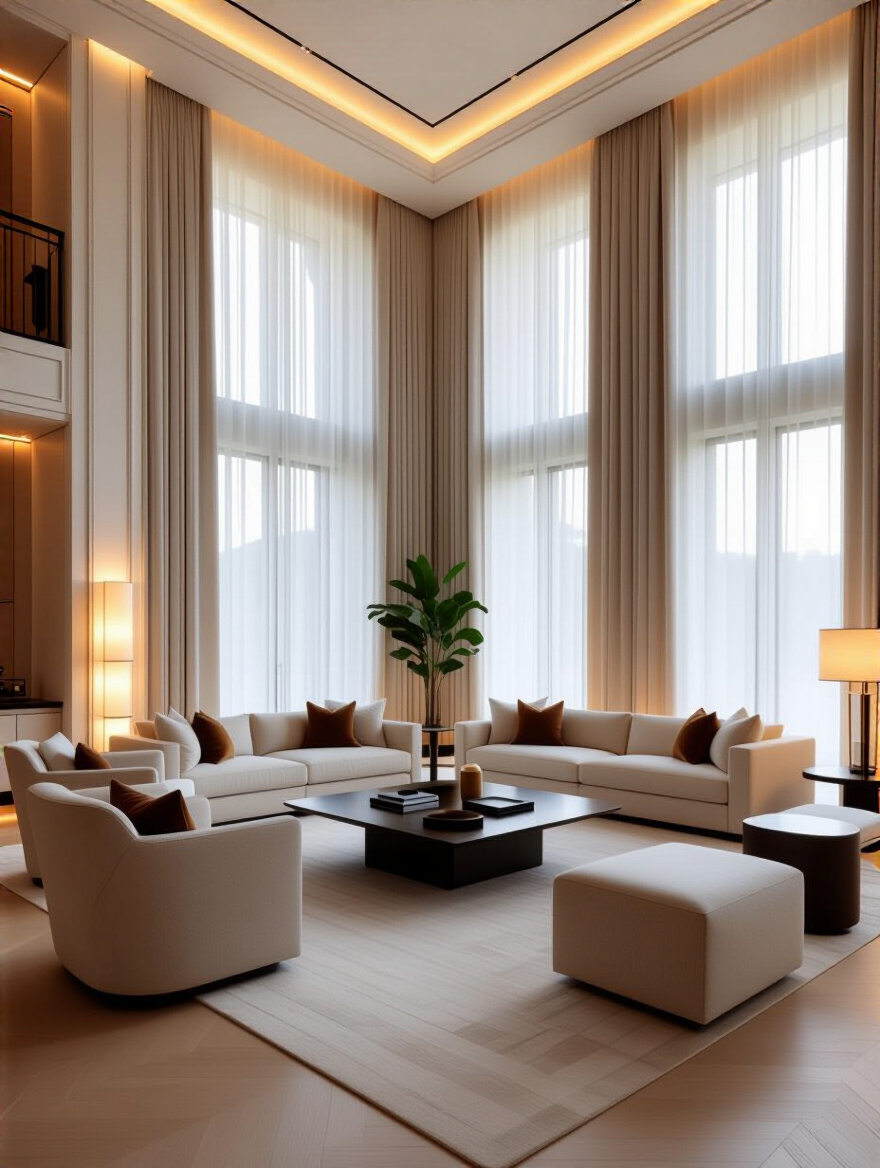 A sophisticated luxury living room with seamlessly integrated smart home technology, featuring automated lighting, climate control, and entertainment systems for ultimate convenience and an elegant, modern aesthetic.