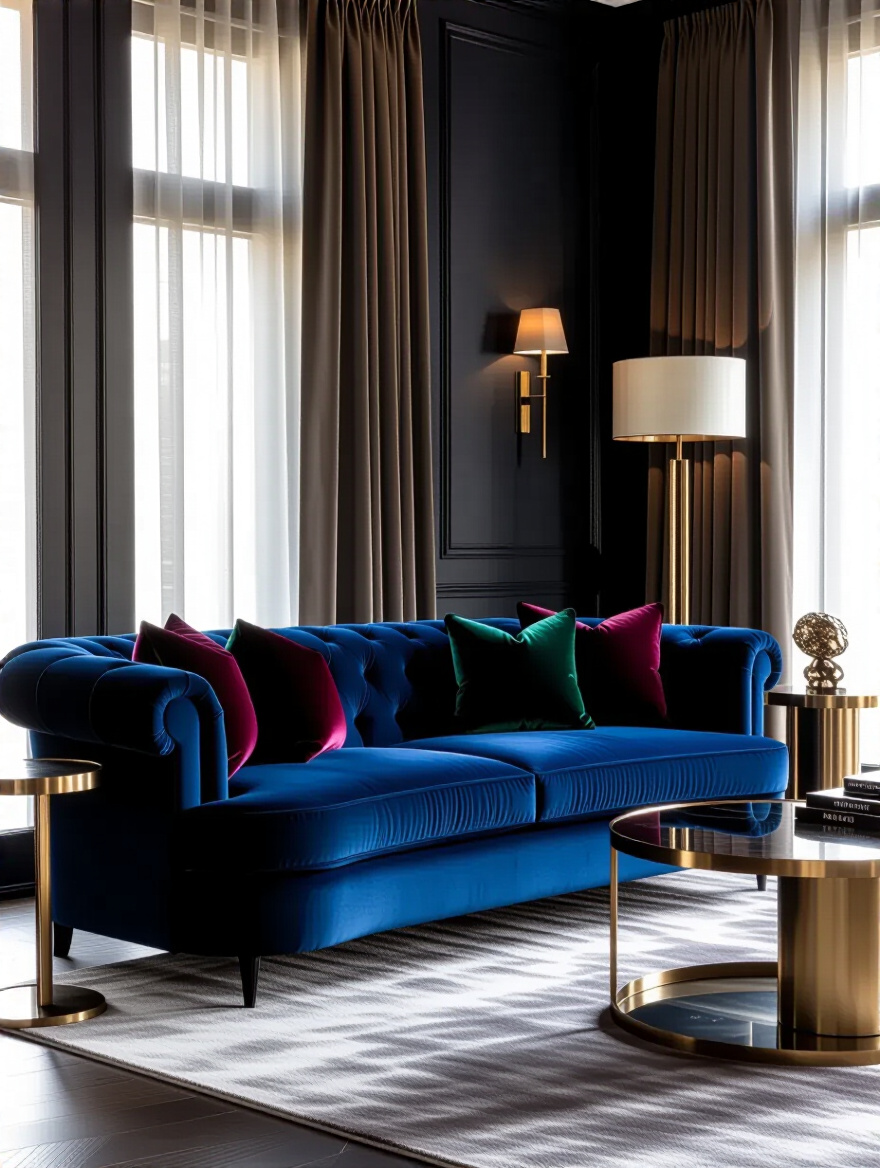 A portrait image of a luxurious living room with a rich color palette, featuring deep sapphire blue velvet, emerald green silk, merlot accents, and polished brass elements, all contributing to an opulent and sophisticated atmosphere.