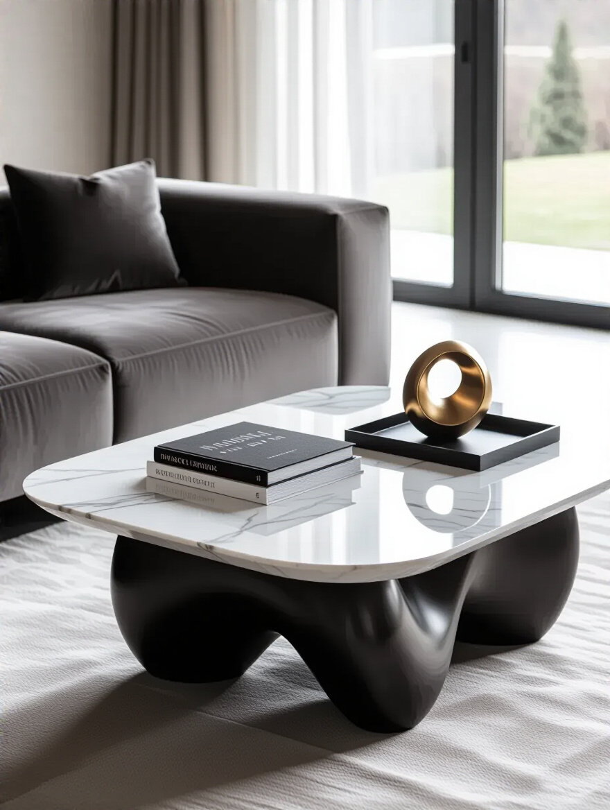 A luxurious living room featuring a modern coffee table made of polished marble and sculpted metal, decorated with art books and a sculpture.