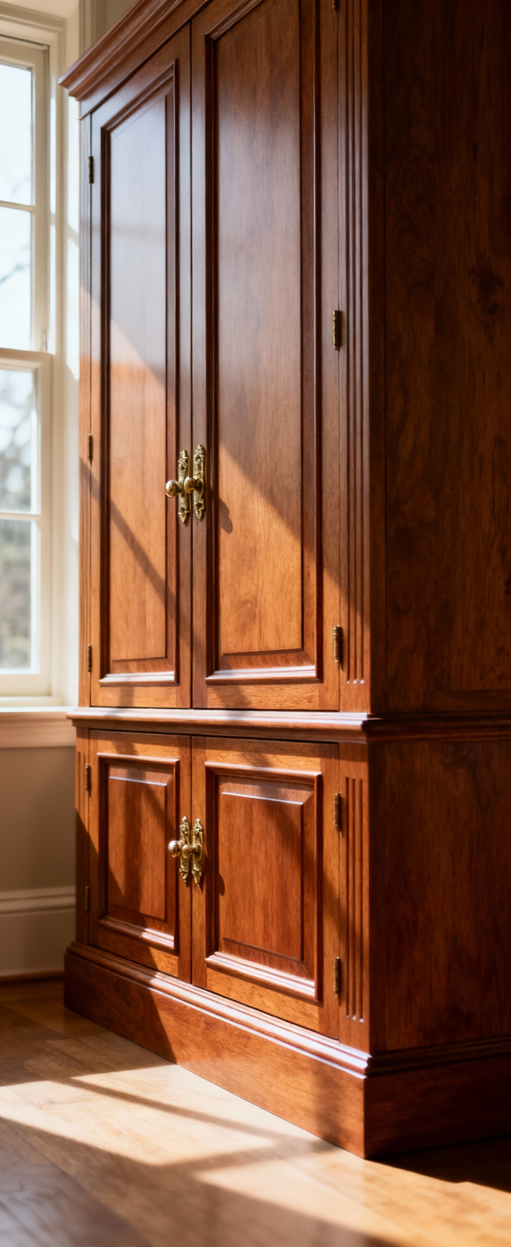 Traditional solid wood kitchen cabinet with inset doors and brass hardware, illustrating durable and timeless design ethos for sustainable kitchens.