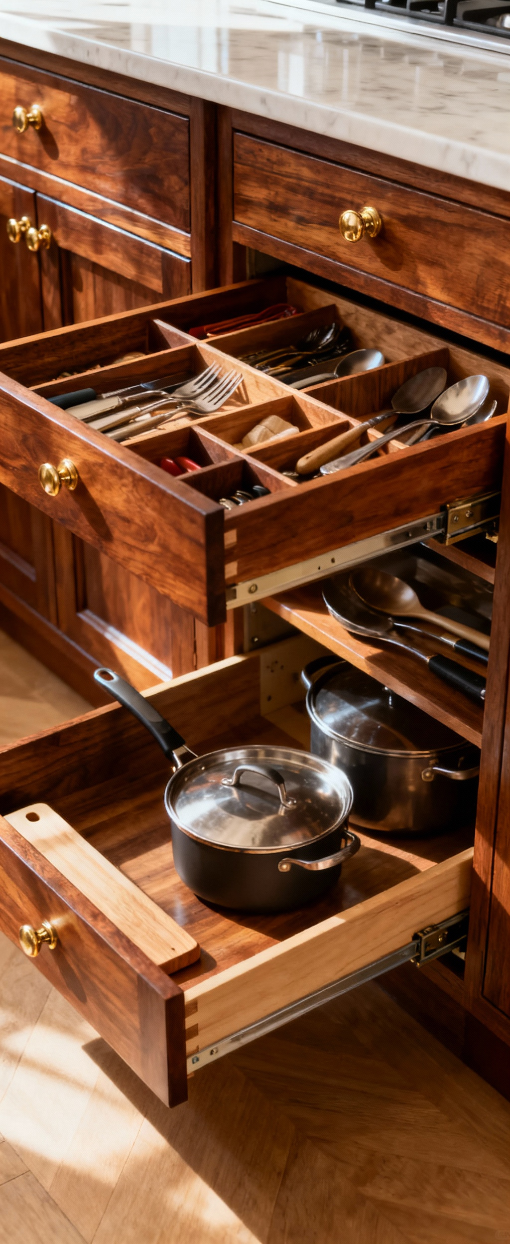 Interior of a traditional kitchen cabinet with custom-fitted ergonomic storage, featuring dovetailed wooden drawer dividers for cutlery and a pull-out spice rack.