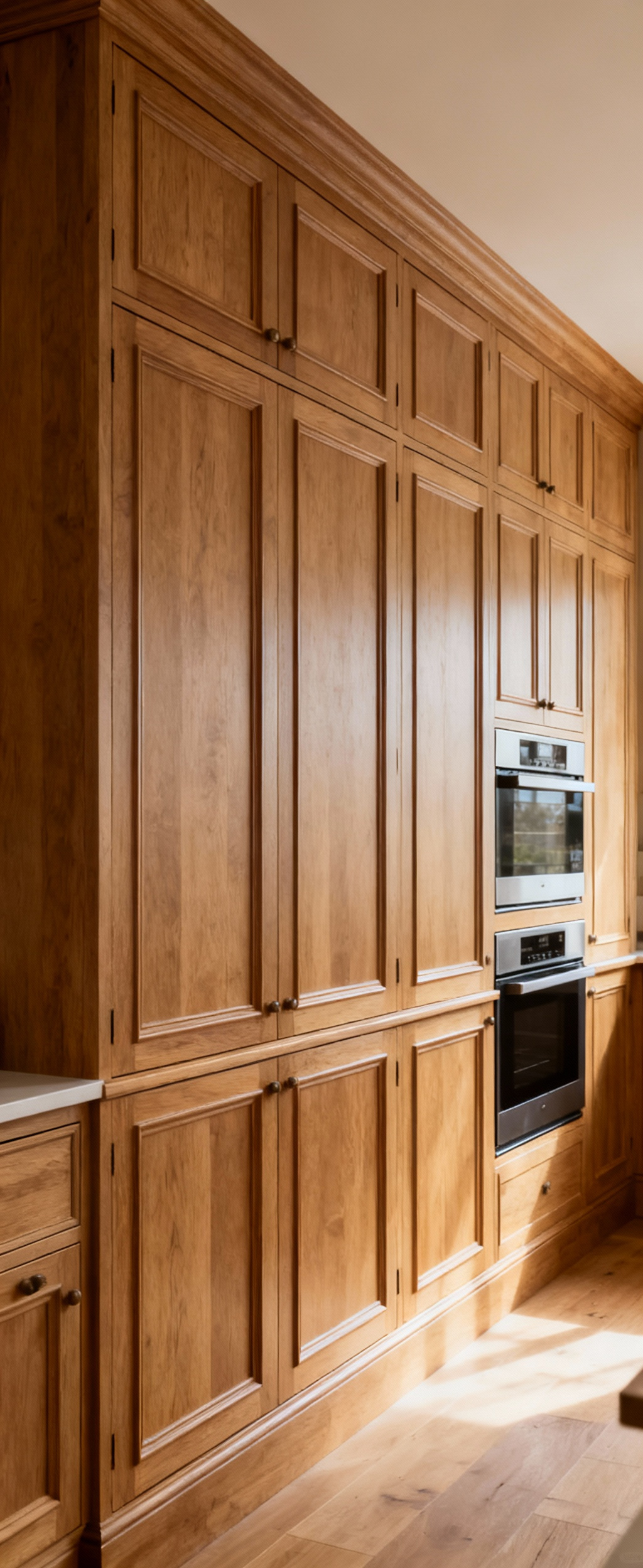A pristine kitchen featuring custom bespoke traditional cabinetry, showcasing elegant joinery and high-quality wood, designed to boost property value and appeal, captured in a warm, inviting light.