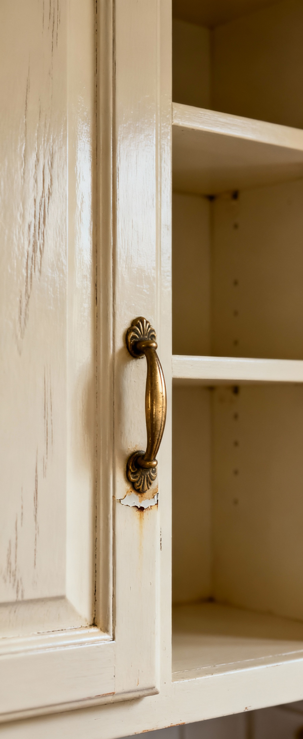 Close-up of a traditional kitchen cabinet with subtle flaws in the painted finish and cheap-looking hardware, illustrating common commissioning pitfalls.