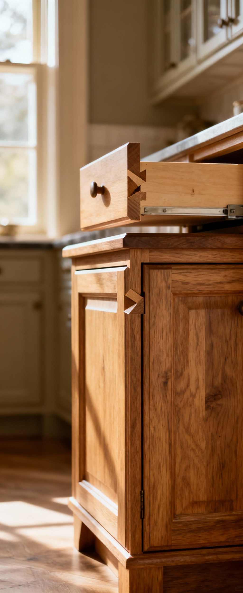 Detailed view of traditional kitchen cabinet joinery, showcasing a visible dovetail joint in a drawer box and a mortise-and-tenon joint in the frame, highlighting craftsmanship and structural integrity.