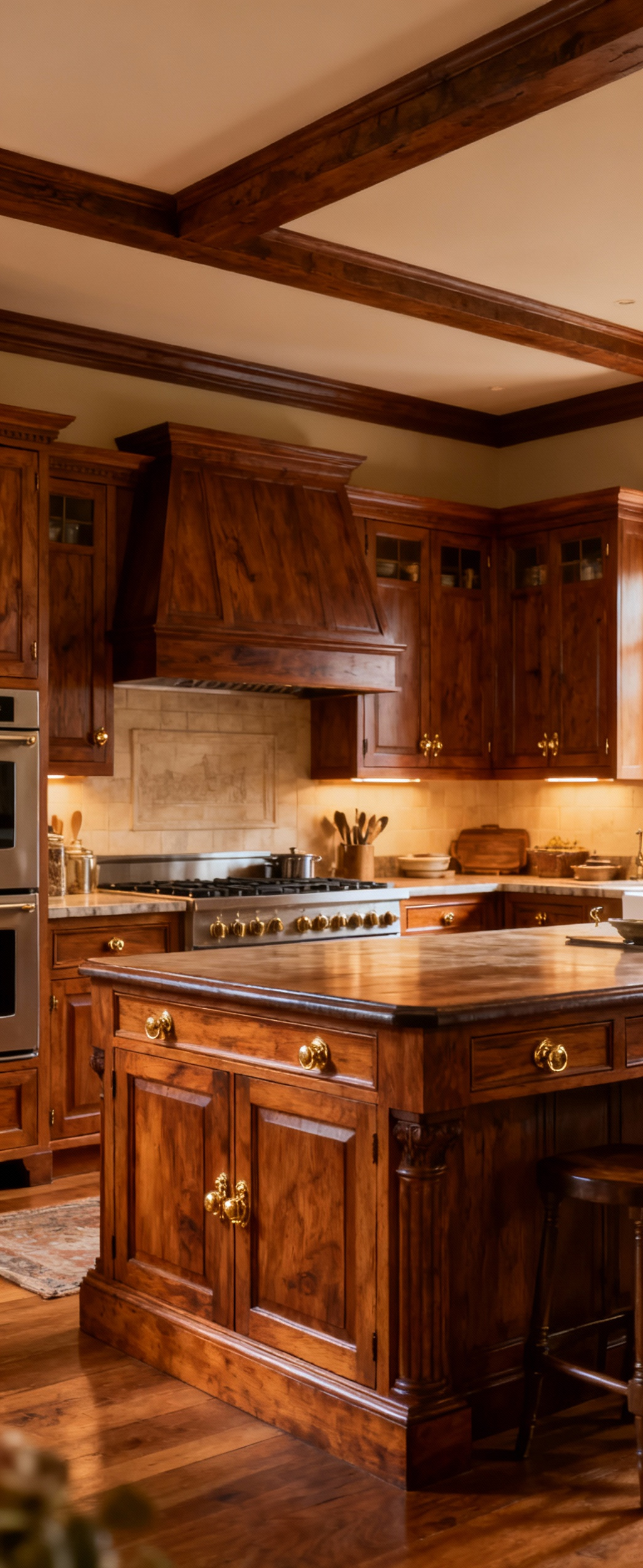 Elegant traditional kitchen with solid hardwood cabinetry, brass hardware, and a large island, designed for generational family continuity.