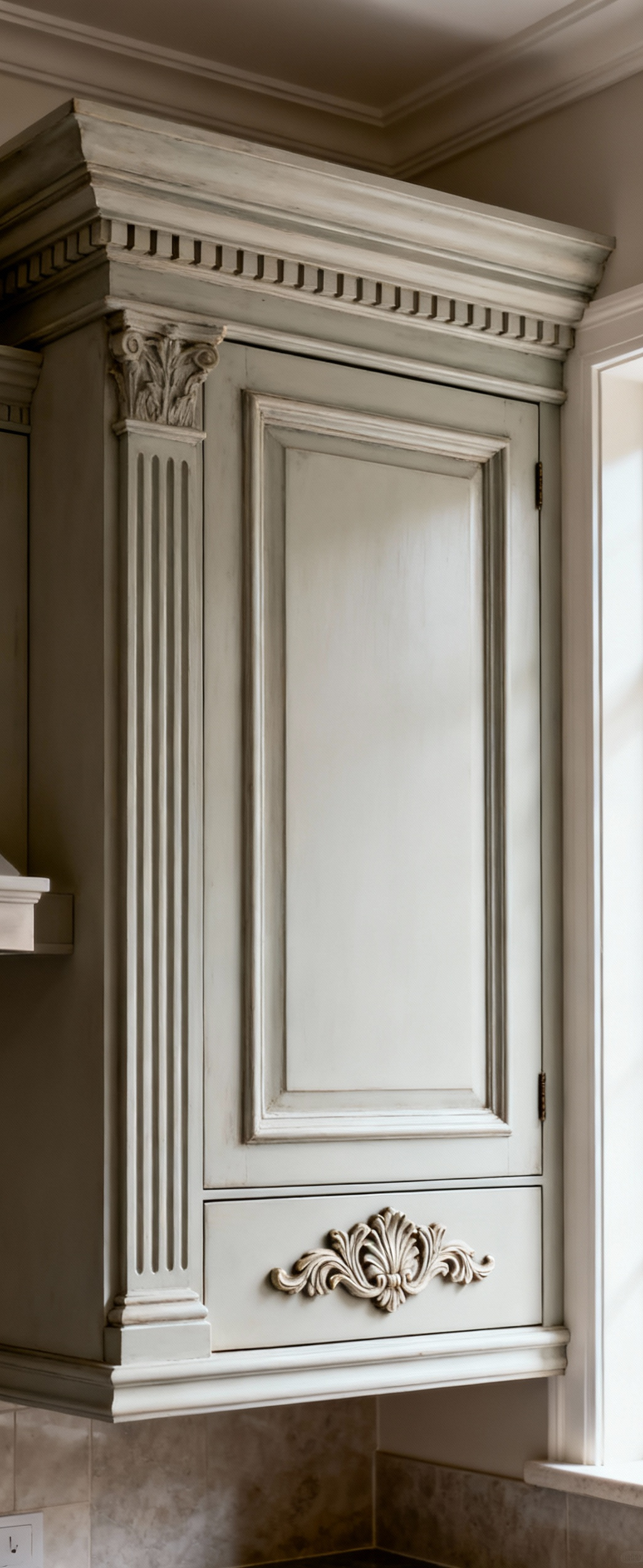Detail of elegant antique white traditional kitchen cabinetry showcasing bespoke millwork accents: a classic architectural cornice, vertical fluting on pilasters, and a decorative carved onlay, all illuminated by soft natural light emphasizing fine craftsmanship.