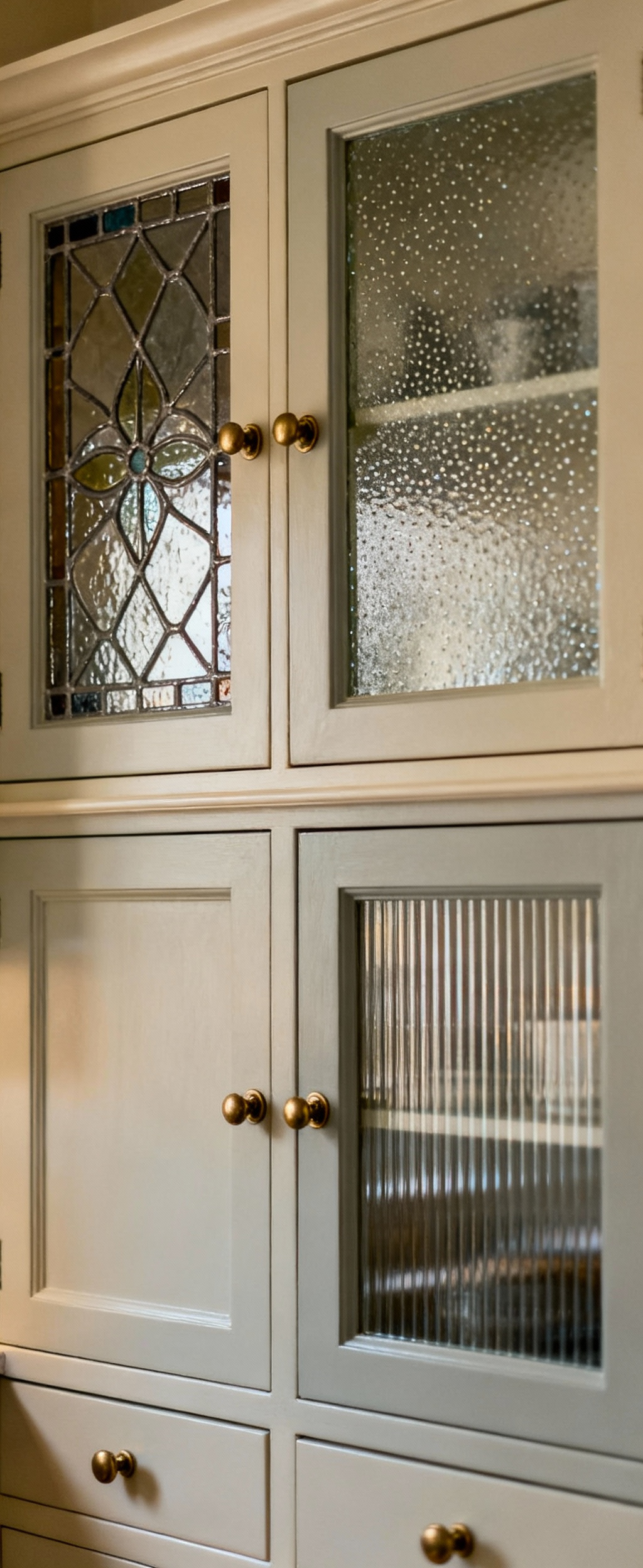Traditional kitchen cabinets with diverse artisan glass inserts, including leaded glass, seeded glass, and ribbed glass, adding authentic visual intrigue.