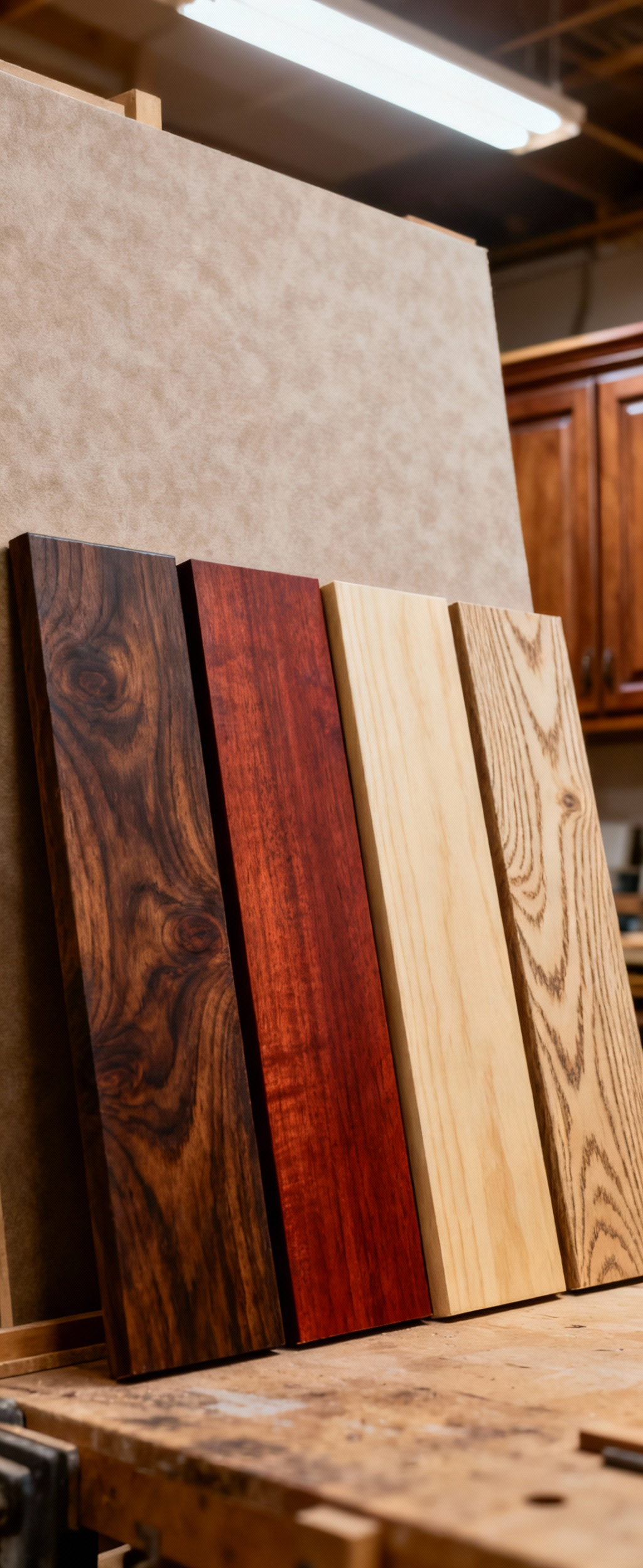 Four distinct wood panels displaying the grain and natural color variations of Oak, Cherry, Maple, and Walnut timbers, ideal for traditional kitchen cabinetry.
