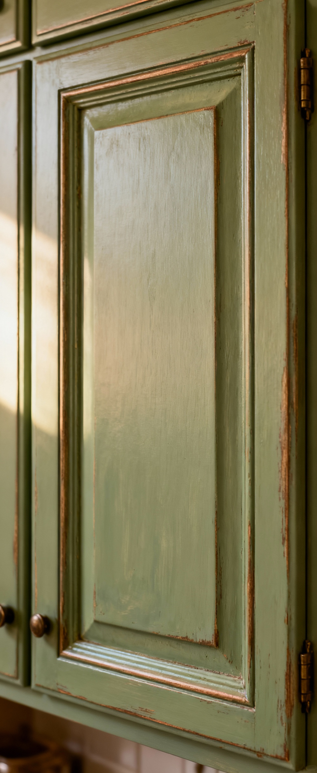 Close-up of a traditional kitchen cabinet door displaying hand-painted texture, subtle glazing in carved details, and lightly distressed edges to show age and character.