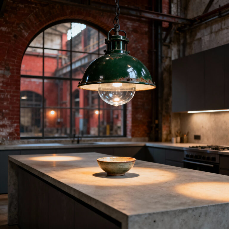 A green enameled vintage industrial pendant light hangs over a minimalist kitchen island, with a soft-focus historical factory interior visible in the background, illustrating the journey of industrial kitchen lighting.