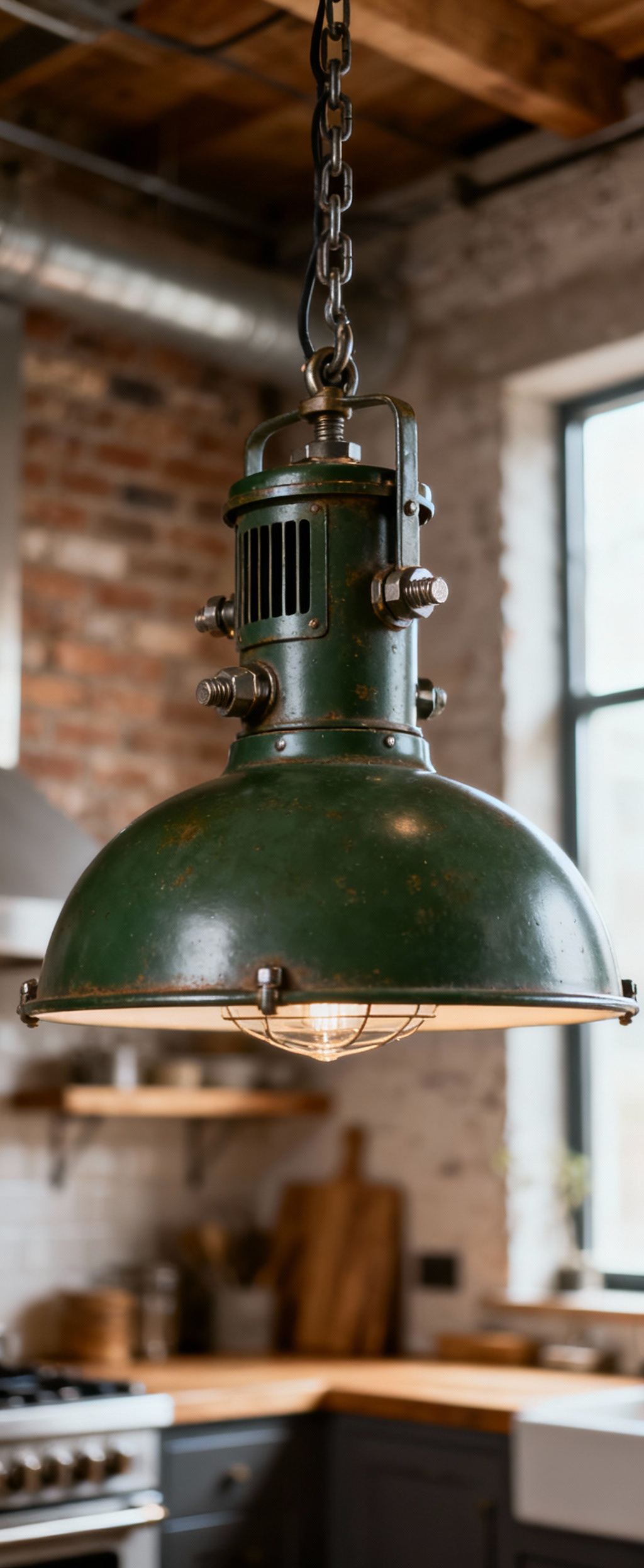 A professional photo of an early 20th-century industrial kitchen pendant light, dark green enamel, made of heavy-gauge spun steel, suspended in an industrial-style kitchen. The robust engineering and durable finish are visible. No people or text.