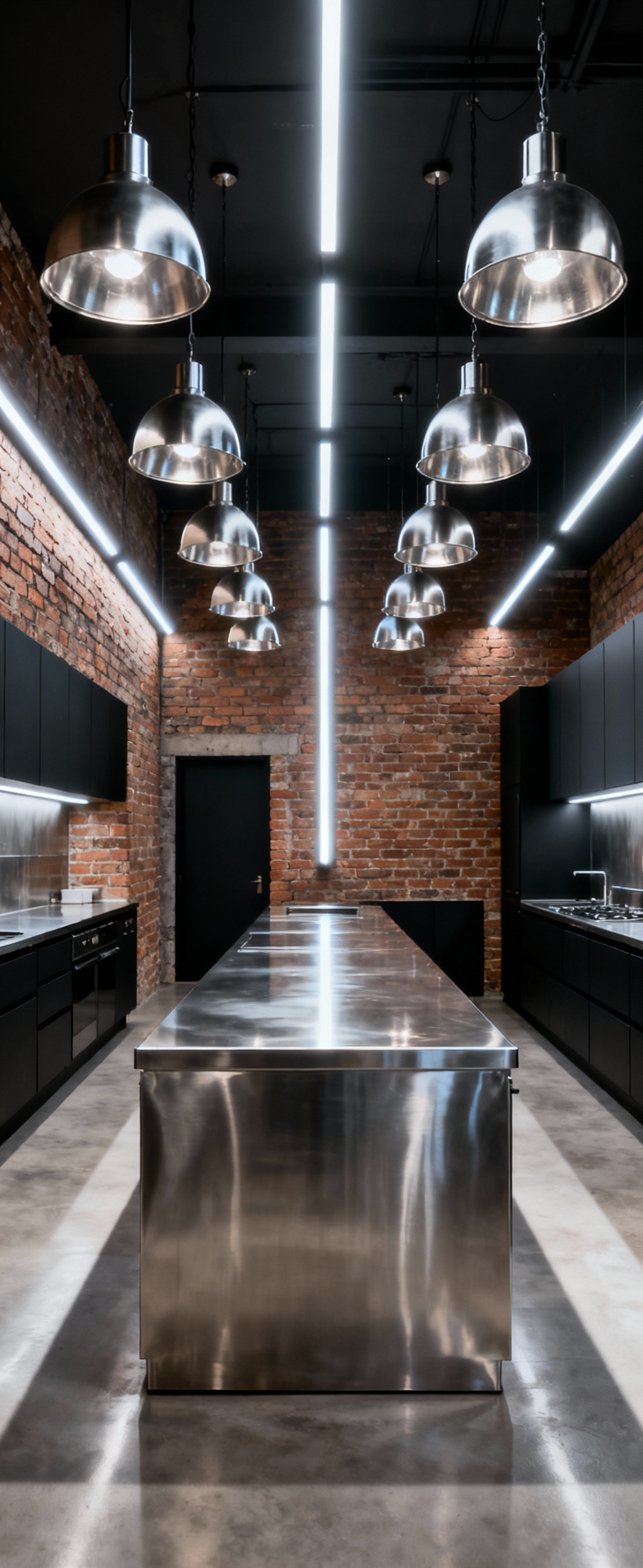 A stunning industrial kitchen with an extensive grid of metallic pendant lights and integrated linear lighting overhead, providing both task and ambient illumination. The image highlights a sophisticated and clean design with no people.