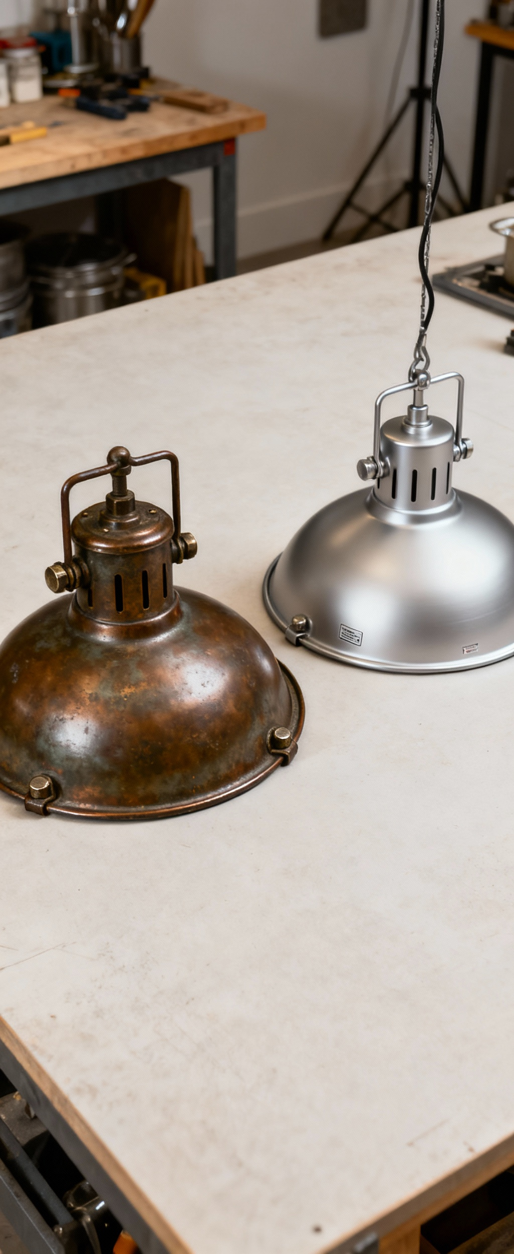 Comparison of an authentic, aged industrial pendant light next to a contemporary industrial-style replica, highlighting differences in material, finish, and construction.