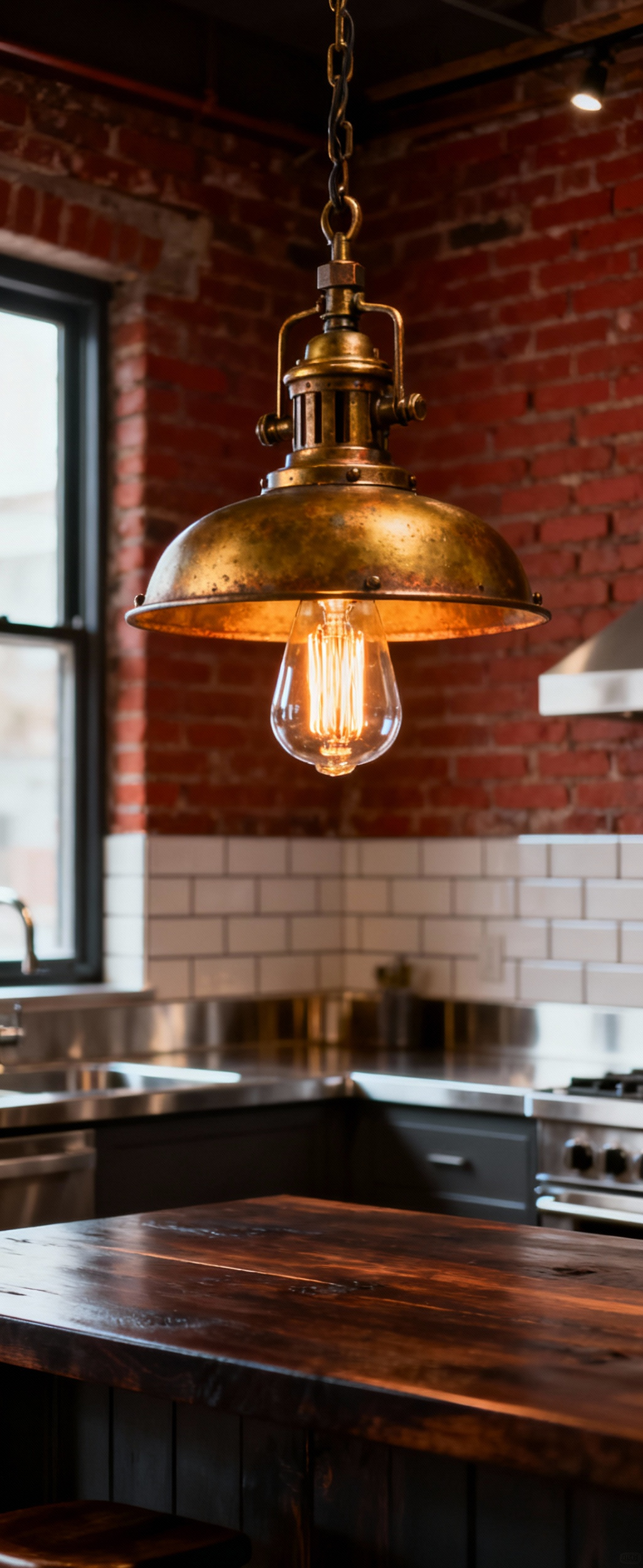 Close-up of a vintage industrial gaslight converter pendant light in an antique kitchen, with a visible, glowing LED filament bulb, robust steel construction, and brick wall background.