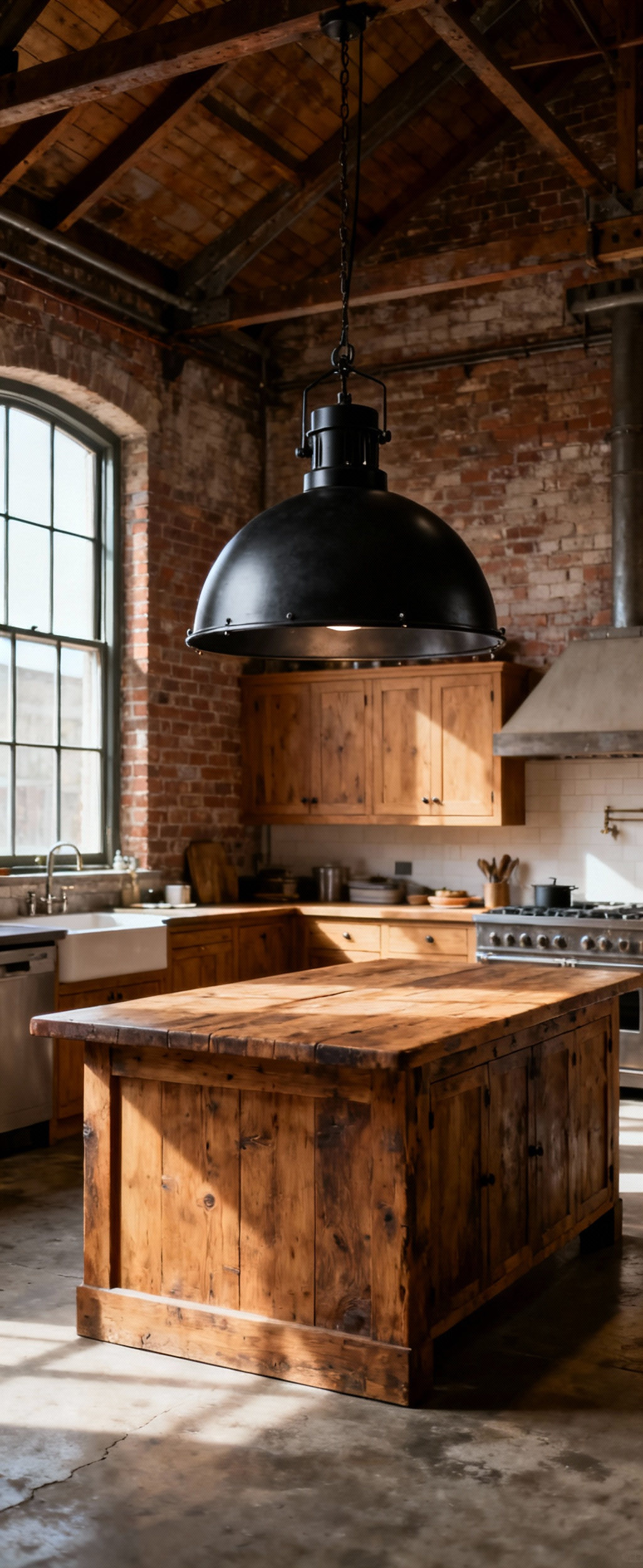 A durable, matte black industrial dome pendant light hangs above a kitchen island, representing sustainable, long-lasting industrial kitchen lighting fixtures designed for generations.