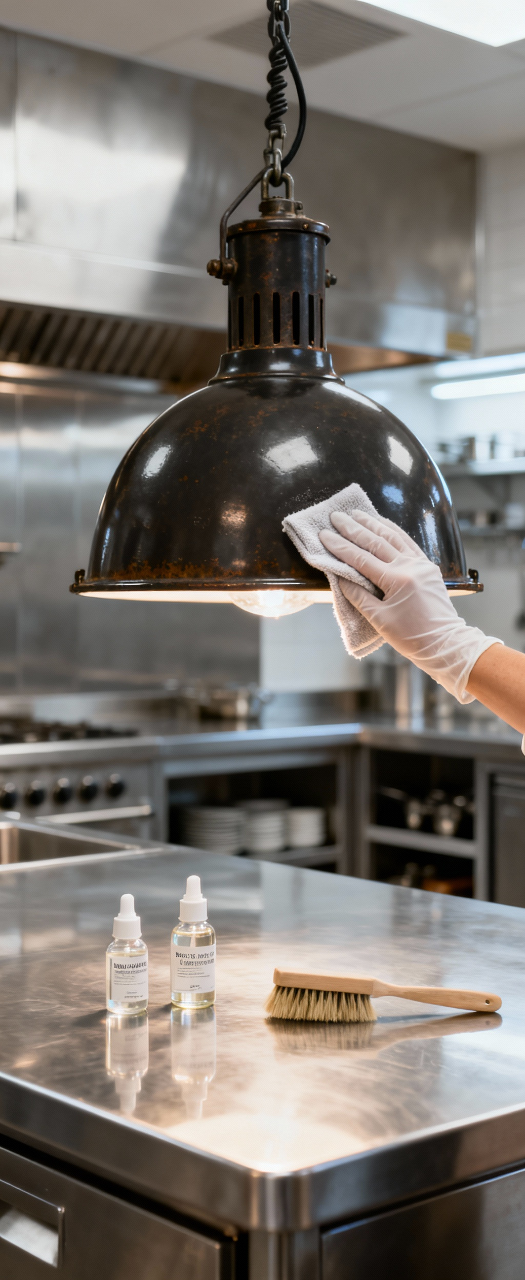 A vintage industrial pendant light fixture being meticulously cleaned in a pristine kitchen, emphasizing prophylactic maintenance and longevity.