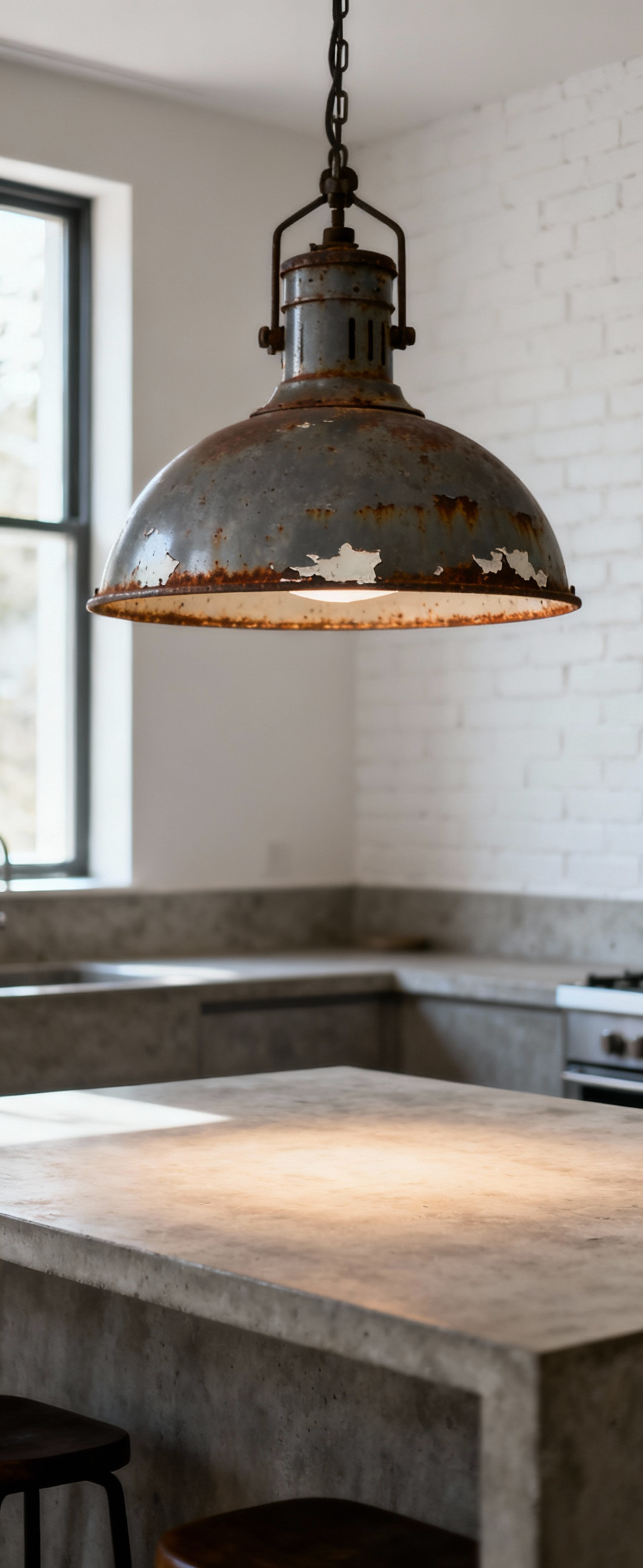Portrait shot of an aged industrial kitchen pendant light with rust patina, enamel chips, and historic wear, showcasing wabi-sabi aesthetic in a modern kitchen.