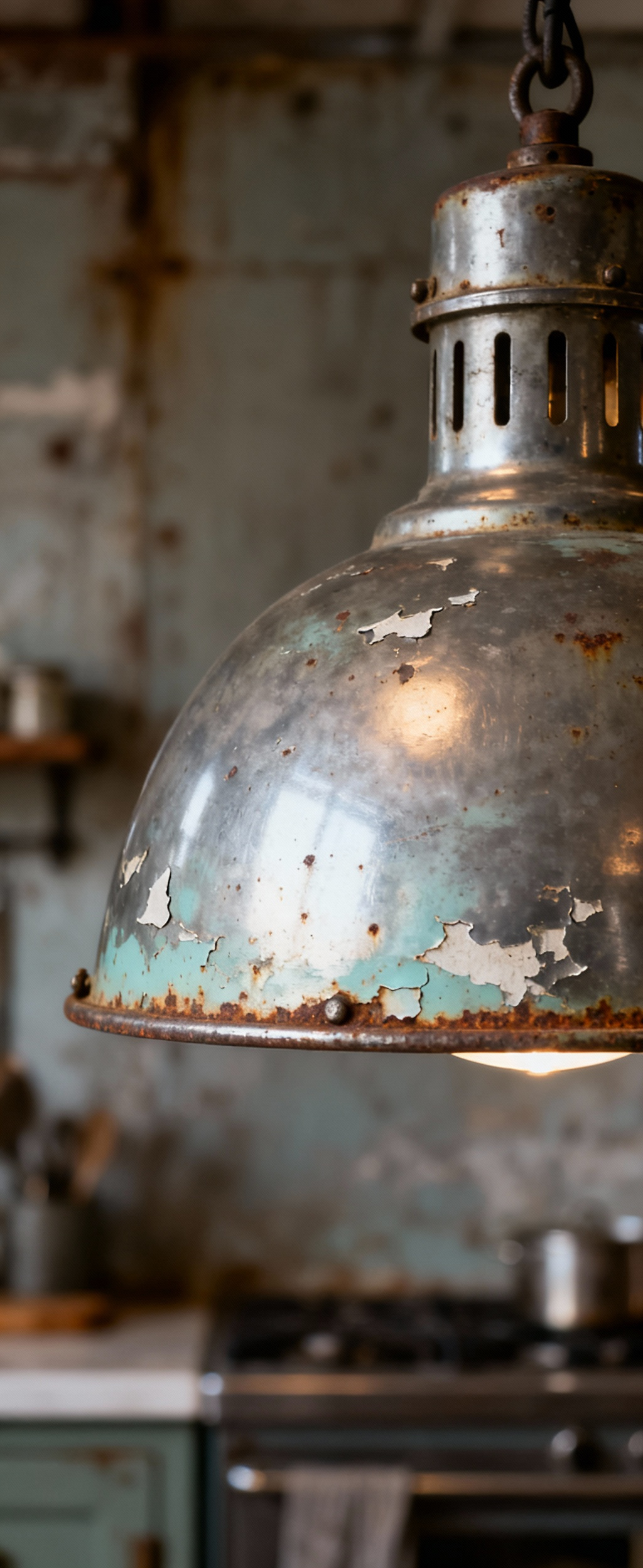 Close-up portrait view of a vintage industrial kitchen pendant light fixture with authentic, aged patina, showing rust and faded paint against a rustic wall.