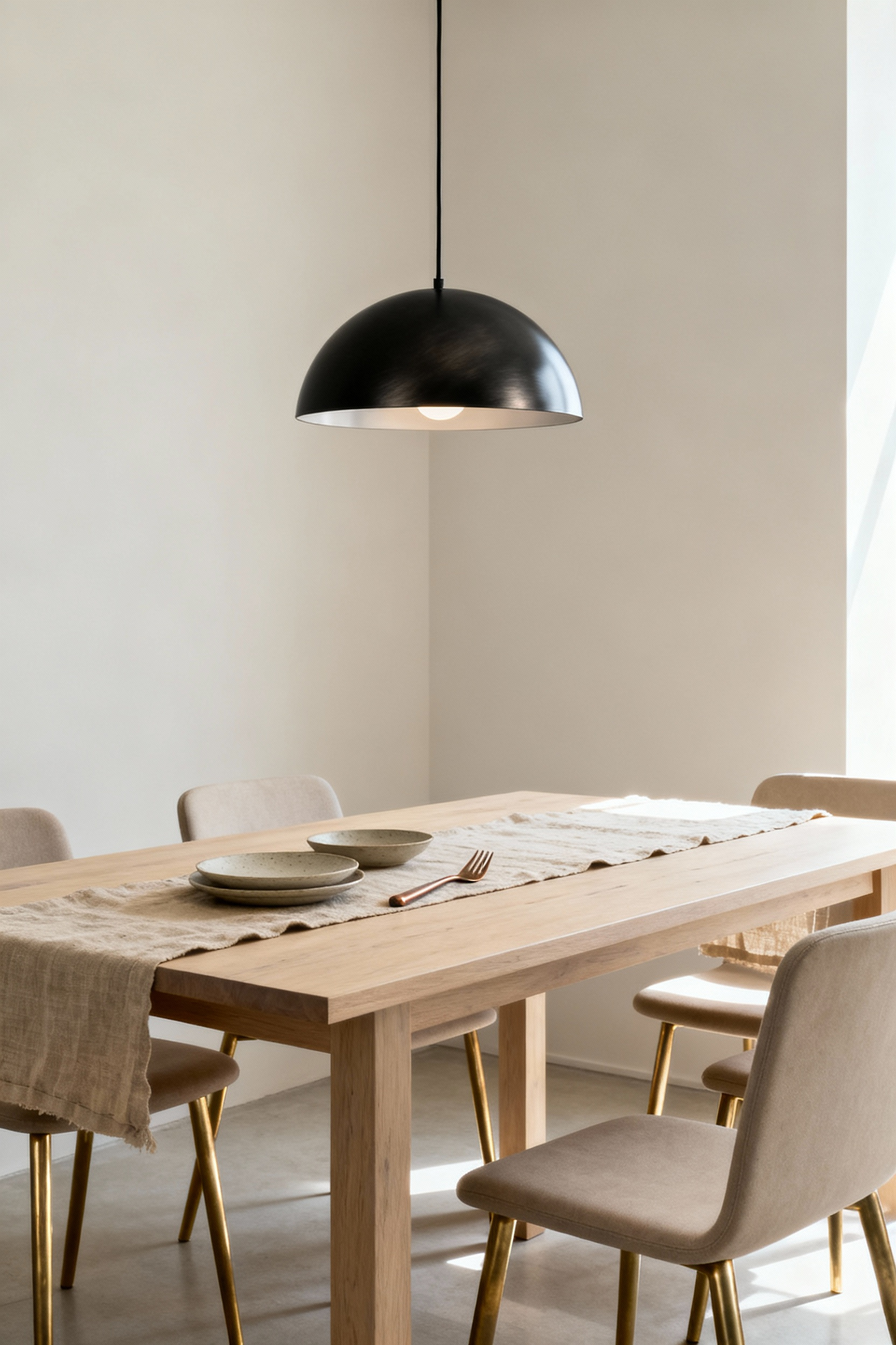 Scandinavian dining room with subtle metallic accents, brushed brass chair legs, matte black steel pendant light, and oxidized bronze utensils reflecting soft light.