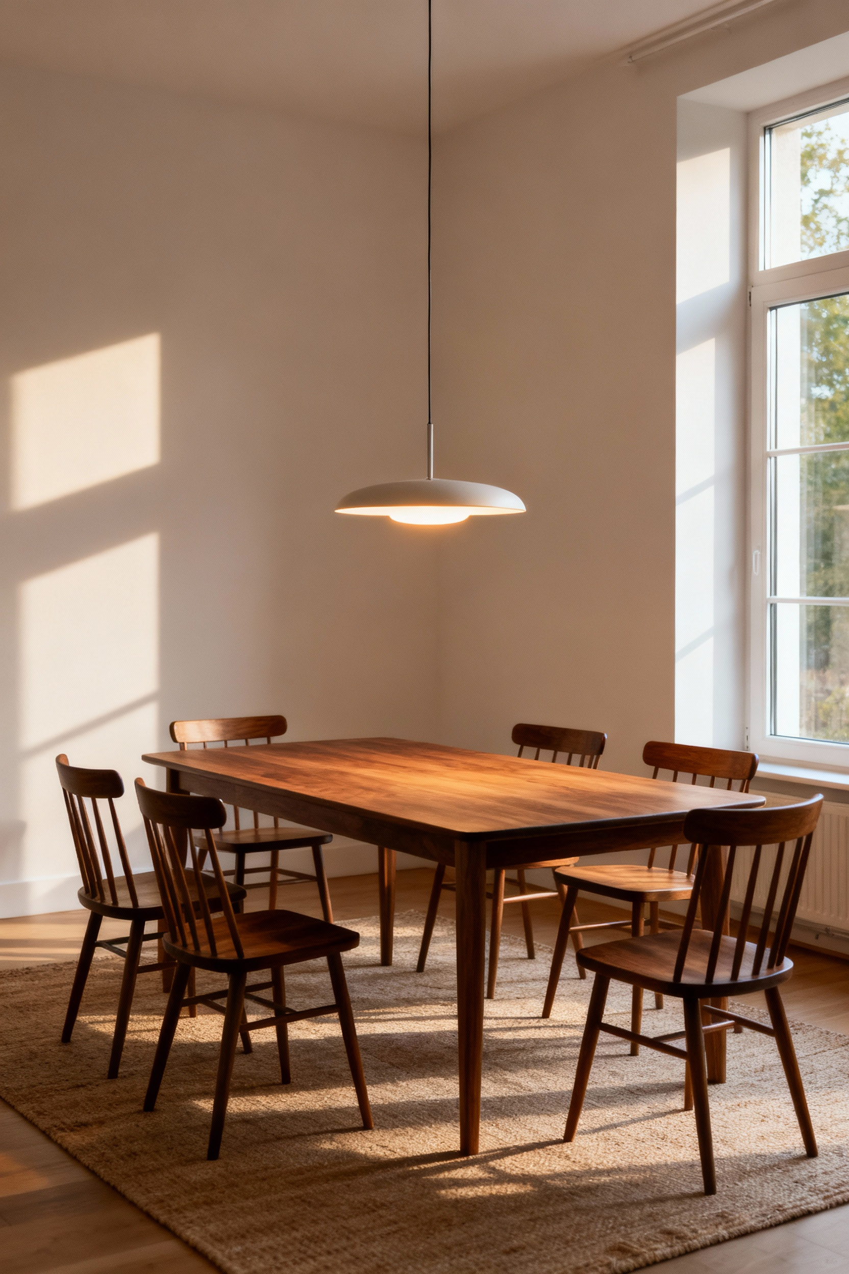 A Scandinavian-style dining room with a large, strategically placed wooden table and modern chairs, illuminated by natural light and a central pendant lamp, demonstrating excellent anchor furnishing placement.